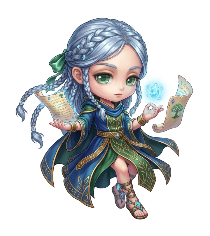Arte de personagem com roupa mágica em tons azuis