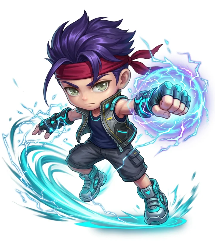 Arte de personagem com visual esportivo e energia elétrica