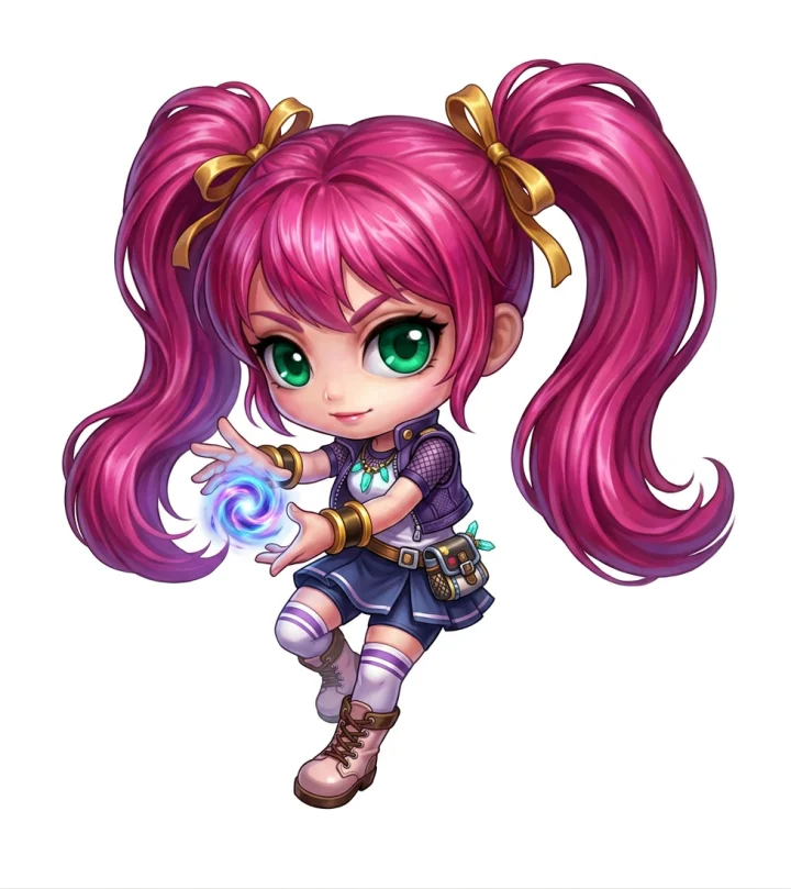 Arte de personagem com cabelos rosa e roupa casual